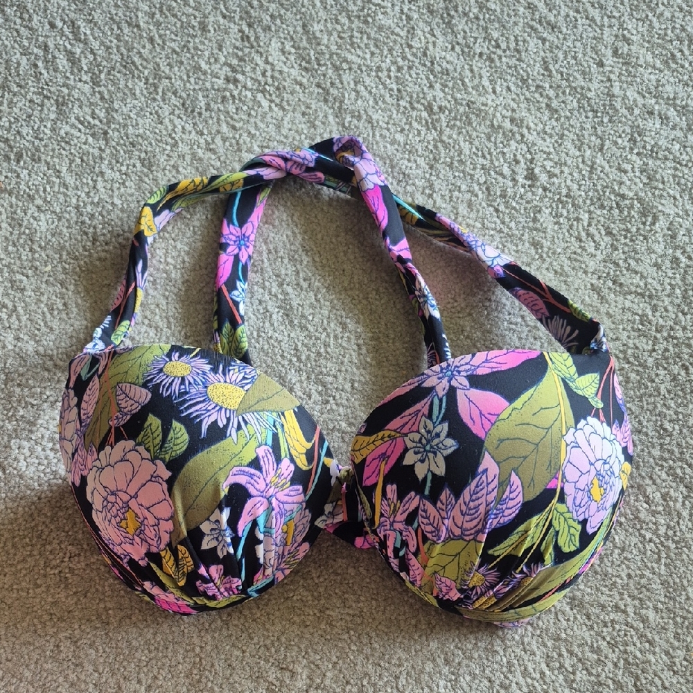 Victoria's Secret Black Floral Push-Up Bikini Top with Pink and Green Accents